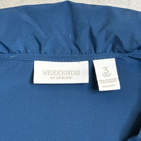 Chicos Weekends Full Zip Navy blue Drawstring neck Rain Coat stretch Jacket Sz 3 - Picture 2 of 10